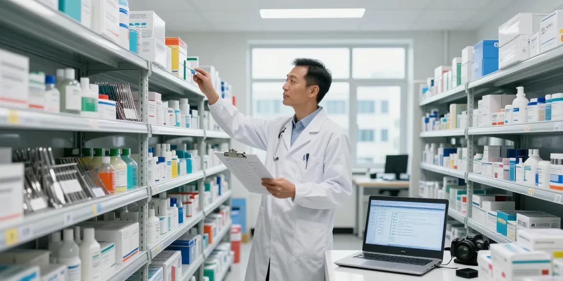 Medical products supply manager examining inventory in organized warehouse.