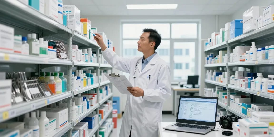 Medical products supply manager examining inventory in organized warehouse.
