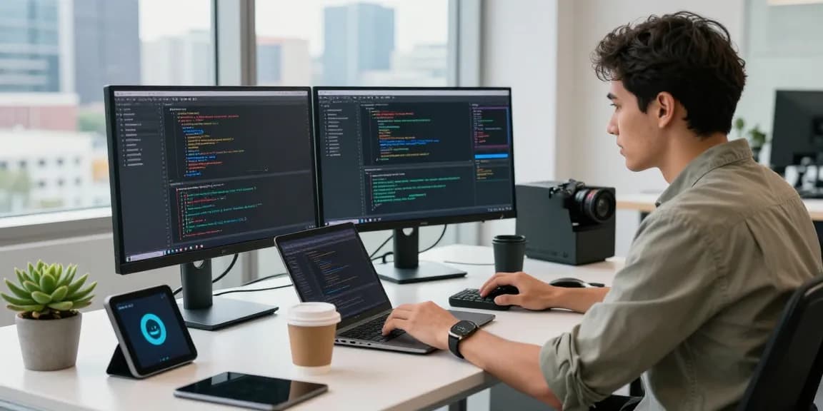 A professional workspace showcasing the WPS Official Website functionalities through a software engineer's dual-monitor setup, highlighting coding and productivity.