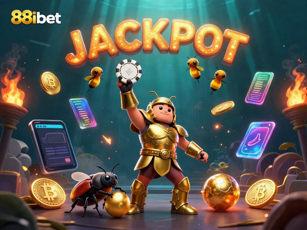 Engage with the excitement of 88ibet's casino world, featuring a victorious beetle lifting a poker chip.