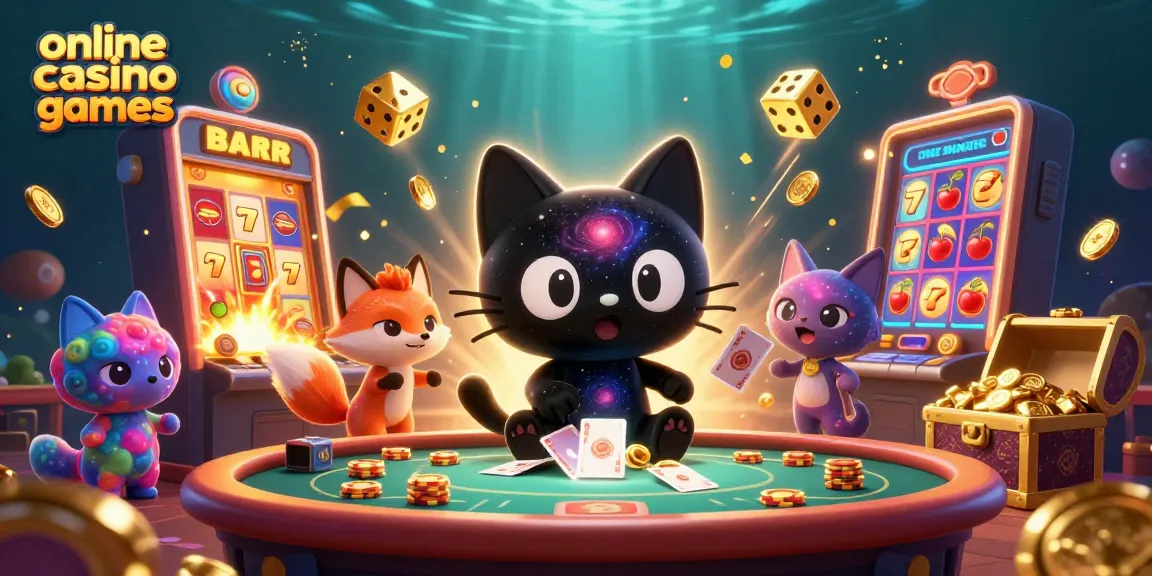 Engage with online casino games while a cosmic black hole cat pulls in golden chips and cards at a cosmic table.