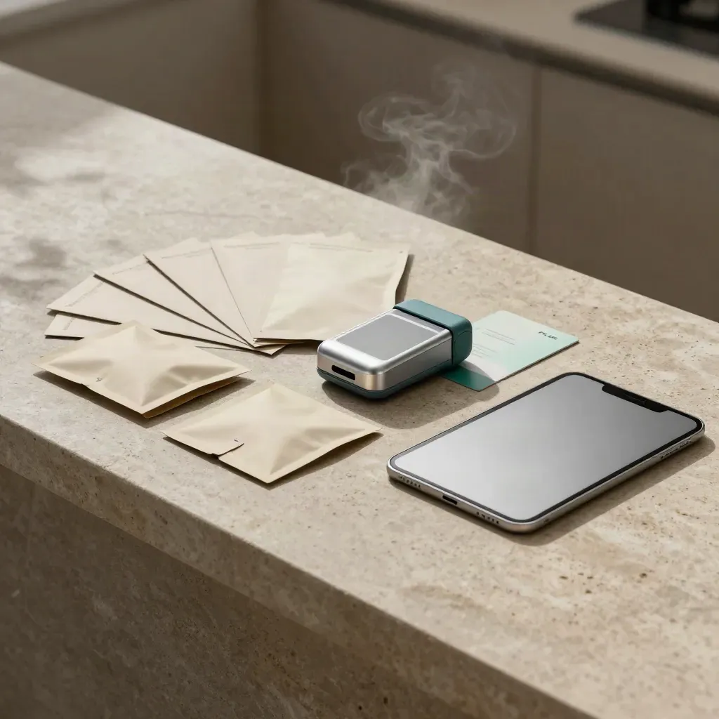 Launch bundle of setup modules, payment unit, shipping pouch and tablet on stone counter with soft haze.