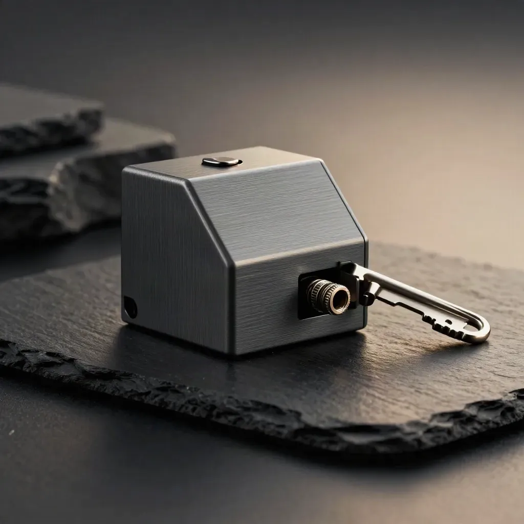 Checkout repair module with locking tab and card reader puck on dark slate surface