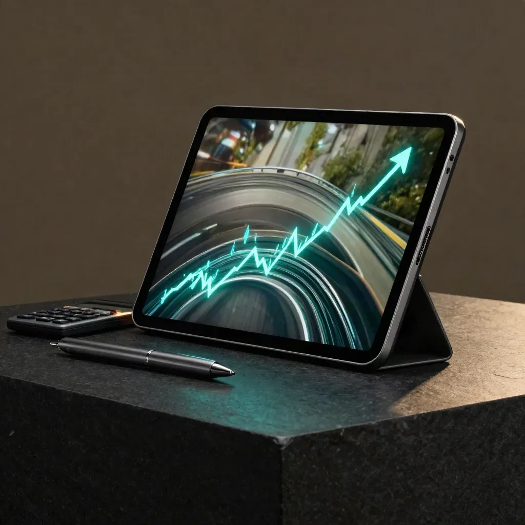 Slate analytics tablet with glowing abstract charts, calculator puck, and pen cap on dark stone.