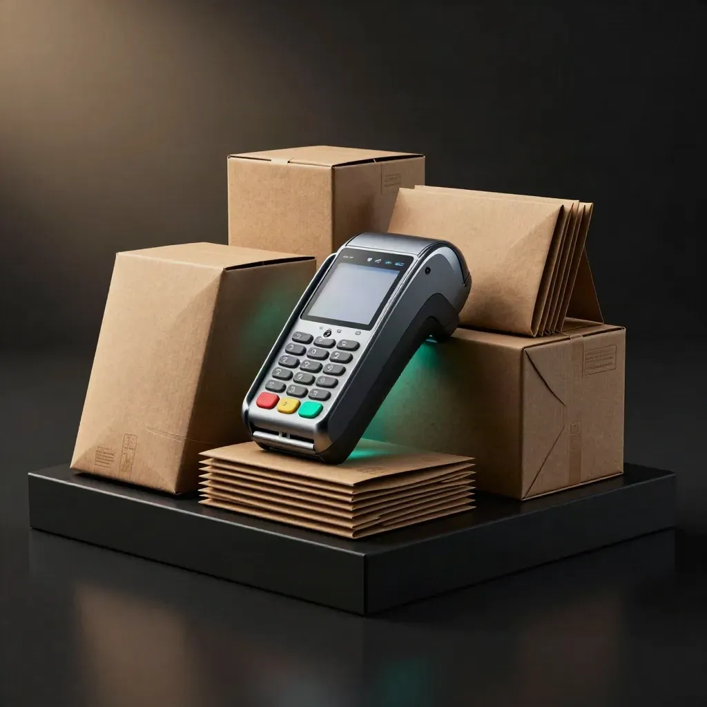 Exploded ecommerce bundle with terminal, cartons and glowing teal core in a dark studio