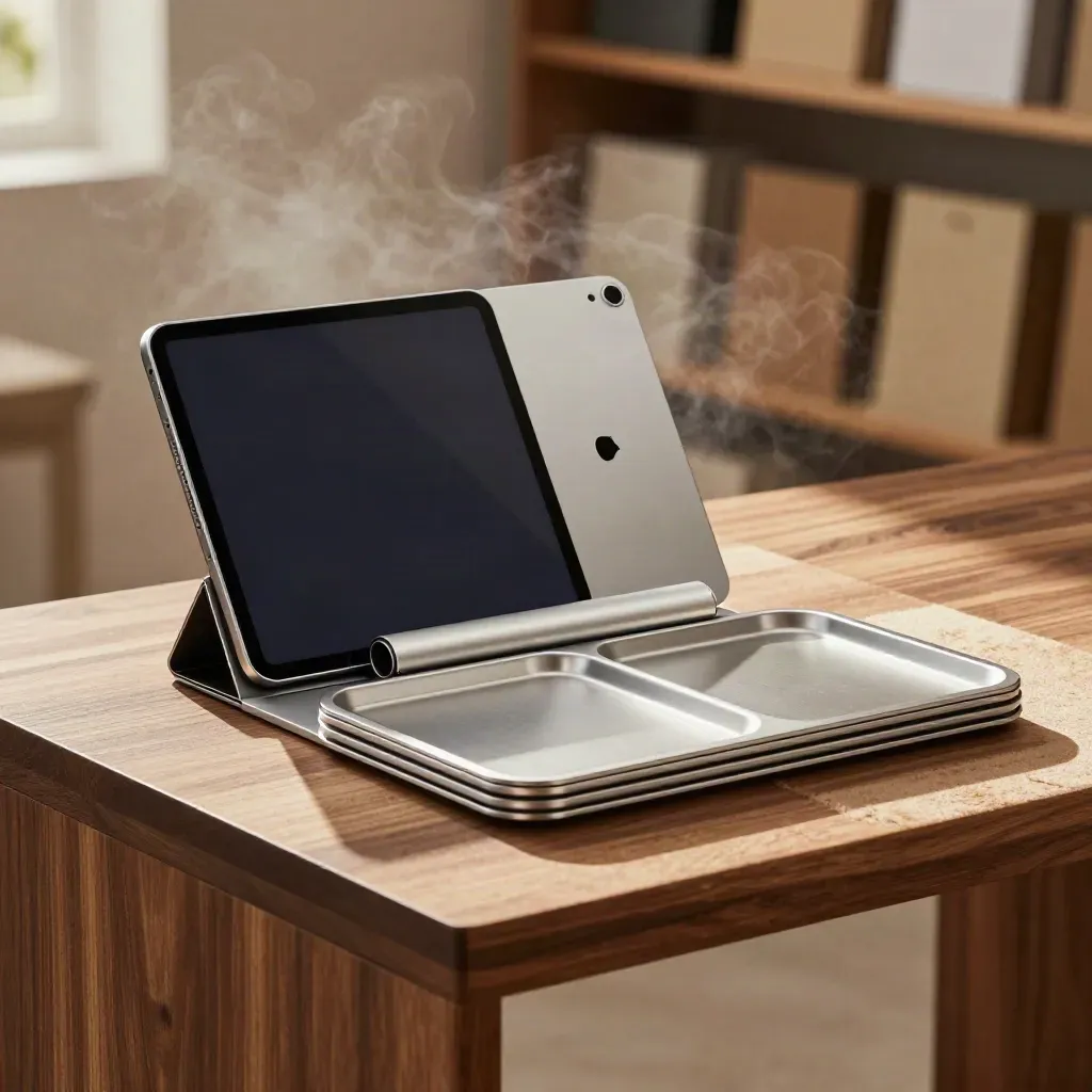 B2B order portal kit with blank trays, tablet, and connector bridge on a walnut workbench.