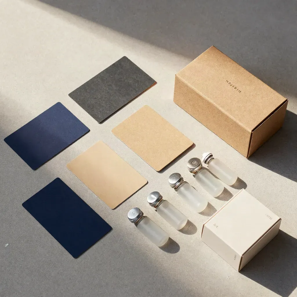 Overhead flat lay of product boxes, vials, and face-down cards aligned into neat rows.