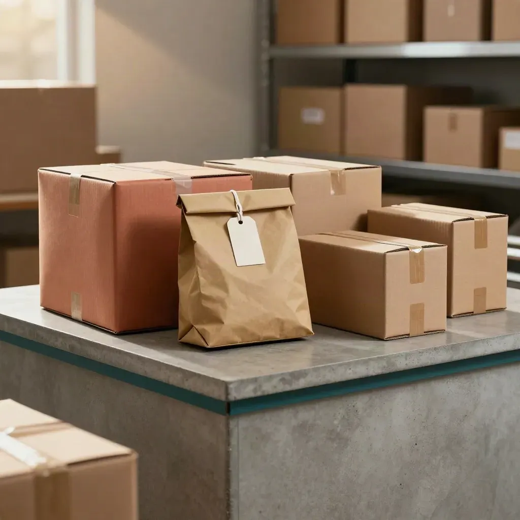 Parcel boxes, blank tags, and a folded pouch on a concrete packing counter in warehouse haze.