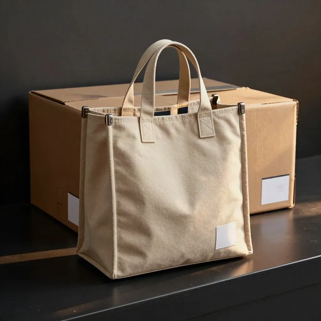 Warehouse tote and retail carton linked by a loop on a dark studio surface