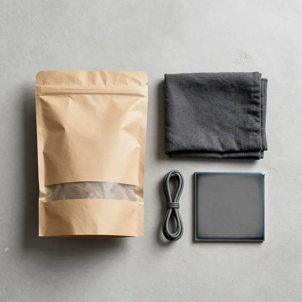 Overhead flat lay of a sealed parcel, folded cloth, cable coil, and dashboard tile on concrete.