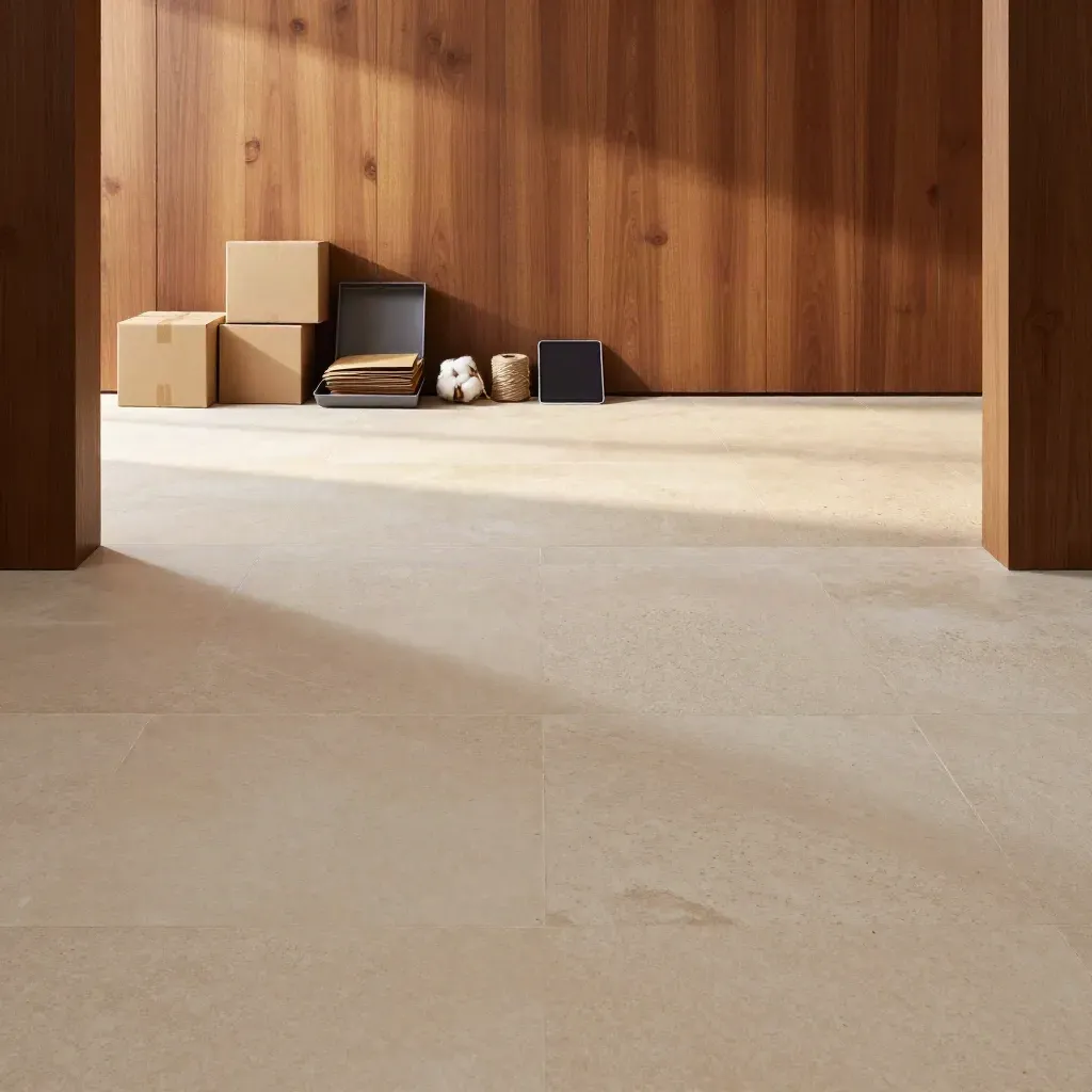 Pale stone floor and timber wall with shipping cartons and packing materials in morning light.