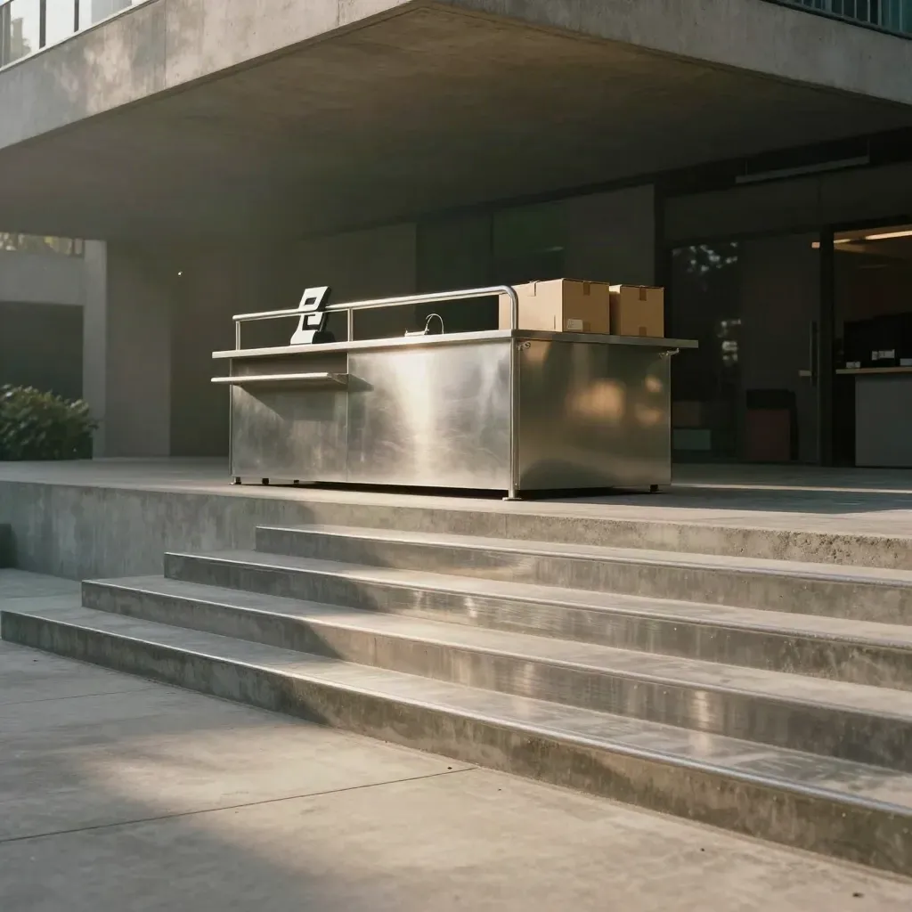 Sunlit brushed-steel stair and concrete landing with calm lower space for checkout tools.