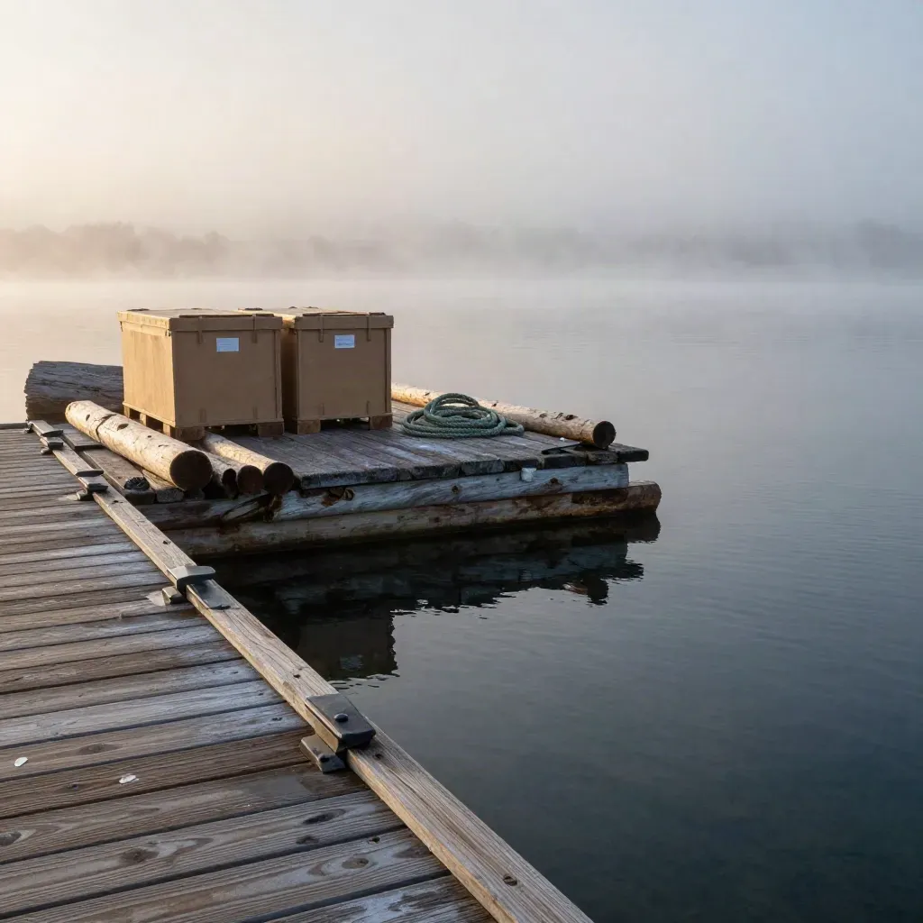 Foggy dock with driftwood, rope, crates, and calm water at dawn
