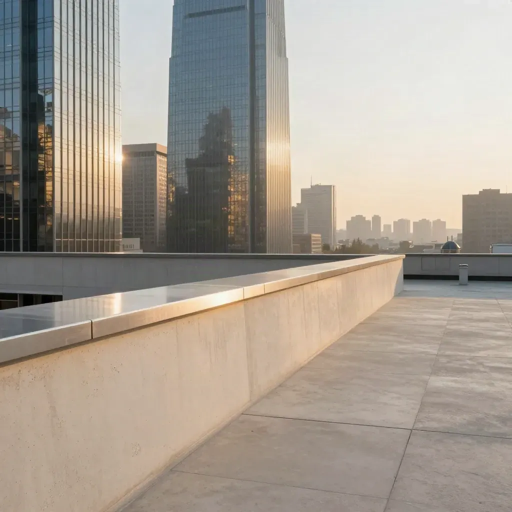 Golden rooftop overlook with glass towers and open sky for commerce services