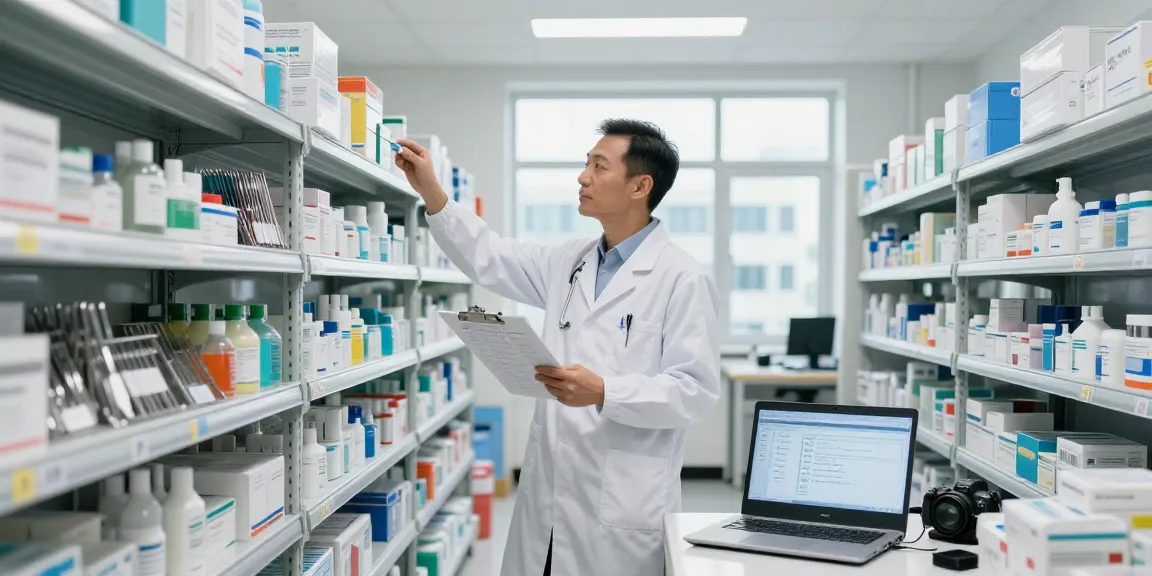 Medical products supply manager examining inventory in organized warehouse.