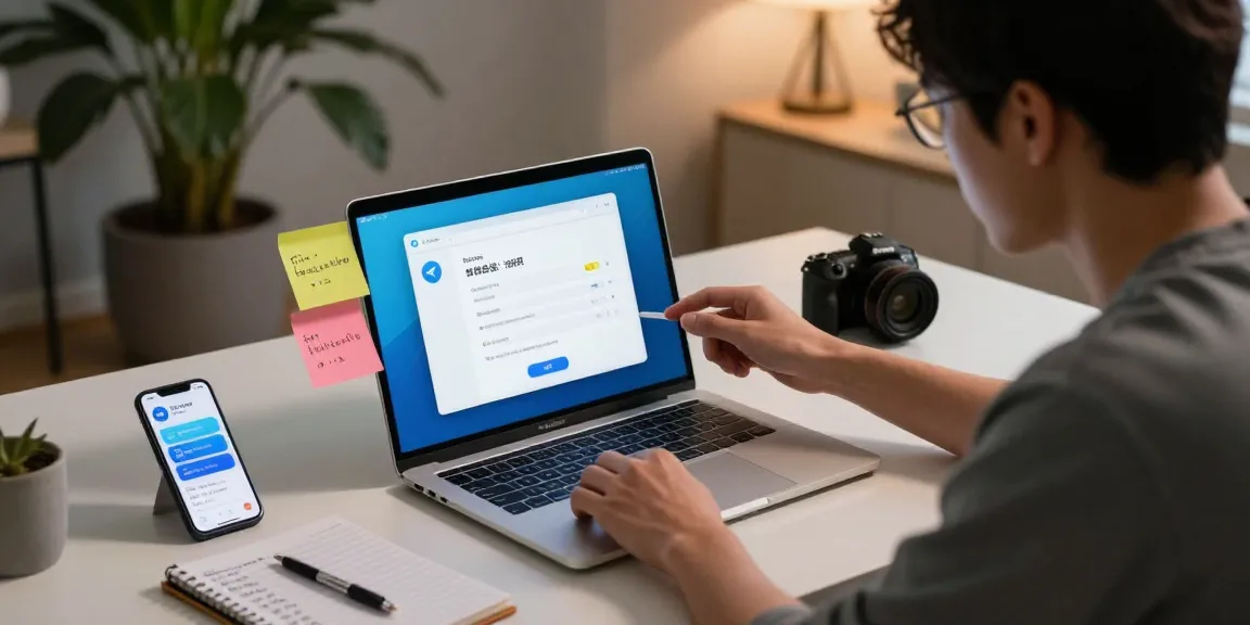 Switching Telegram Chinese settings on a laptop in a cozy home office.