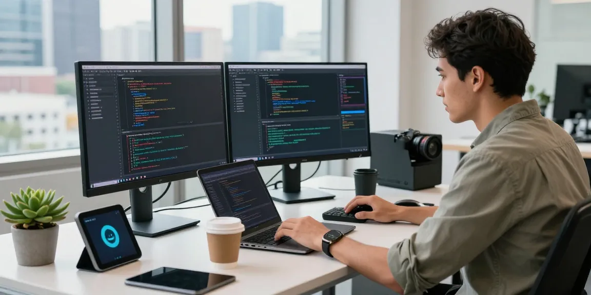 A professional workspace showcasing the WPS Official Website functionalities through a software engineer's dual-monitor setup, highlighting coding and productivity.