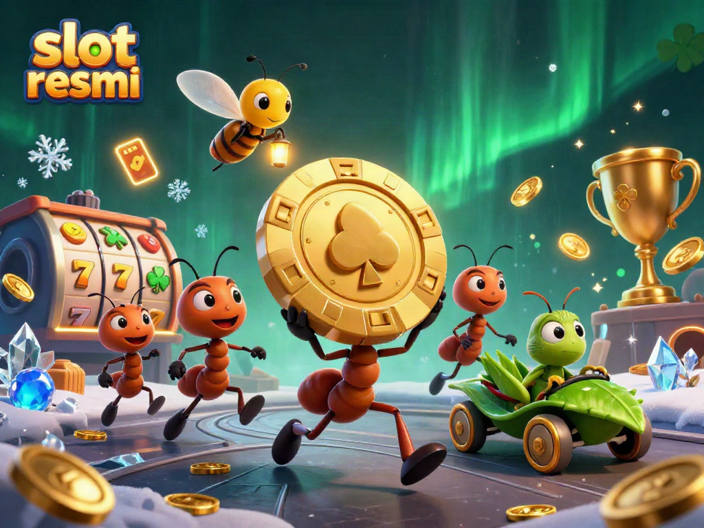 Ants carrying a golden poker chip in a vibrant casino-themed 3D illustration with slot resmi branding.