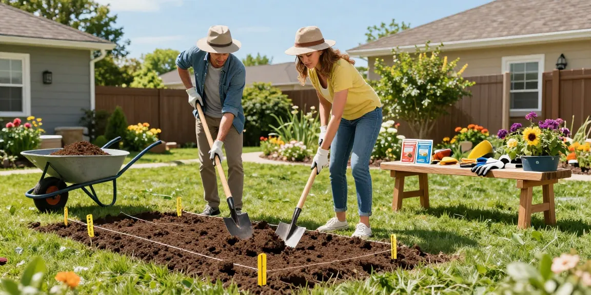 Ground preparation Ottawa scene showcasing a couple preparing garden soil with tools in a sunny backyard, emphasizing landscaping efforts.