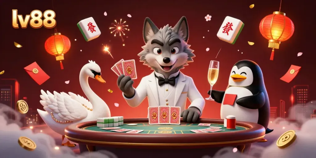 Experience excitement and elegance at lv88 with a debonair wolf and an elegant swan dealing cards at a lavish baccarat table.